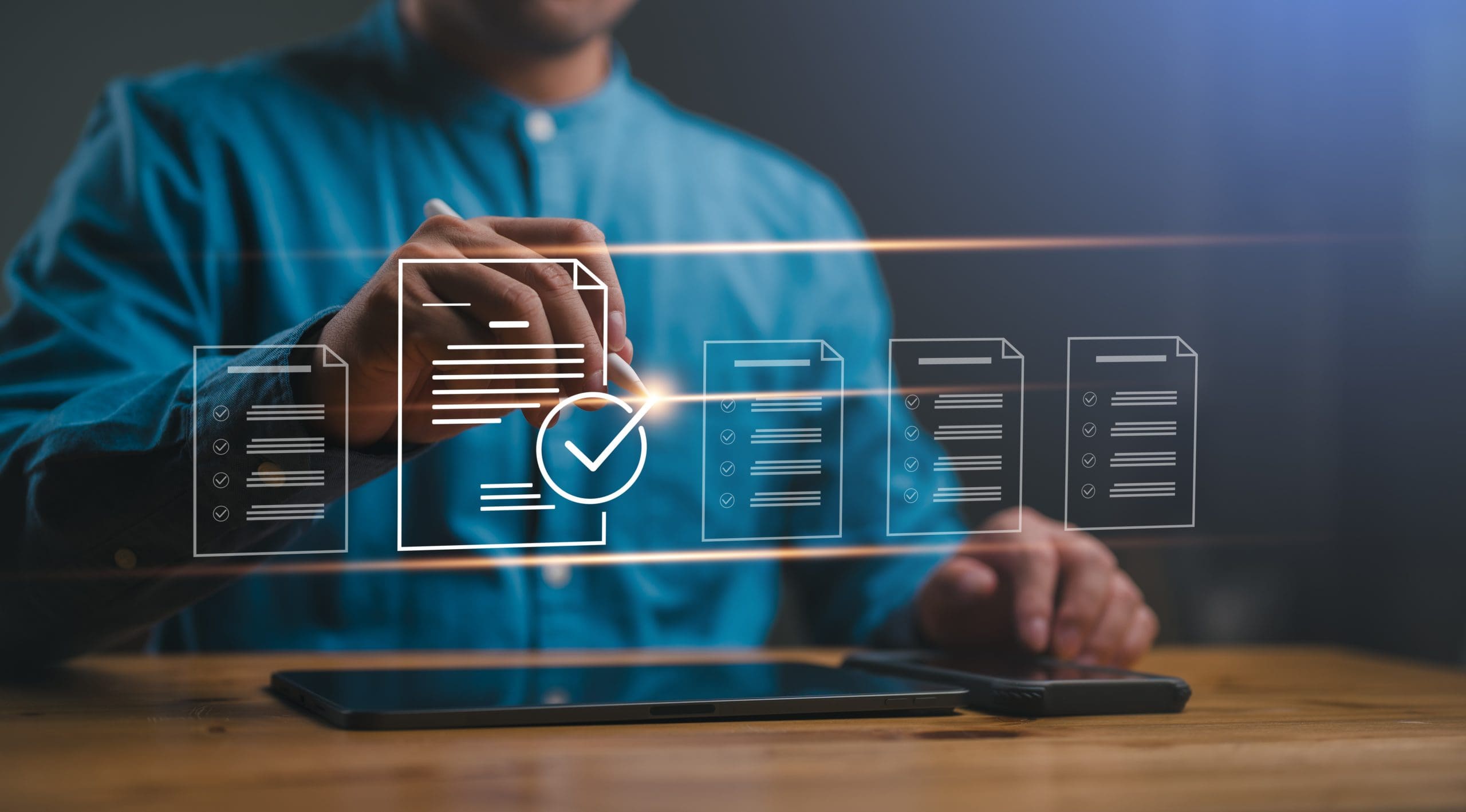 Check mark symbol represents the standard quality control. Businessman writing virtual glowing correct sign mark and document for online approve paperless and quality assurance. Guarantee, Certificate